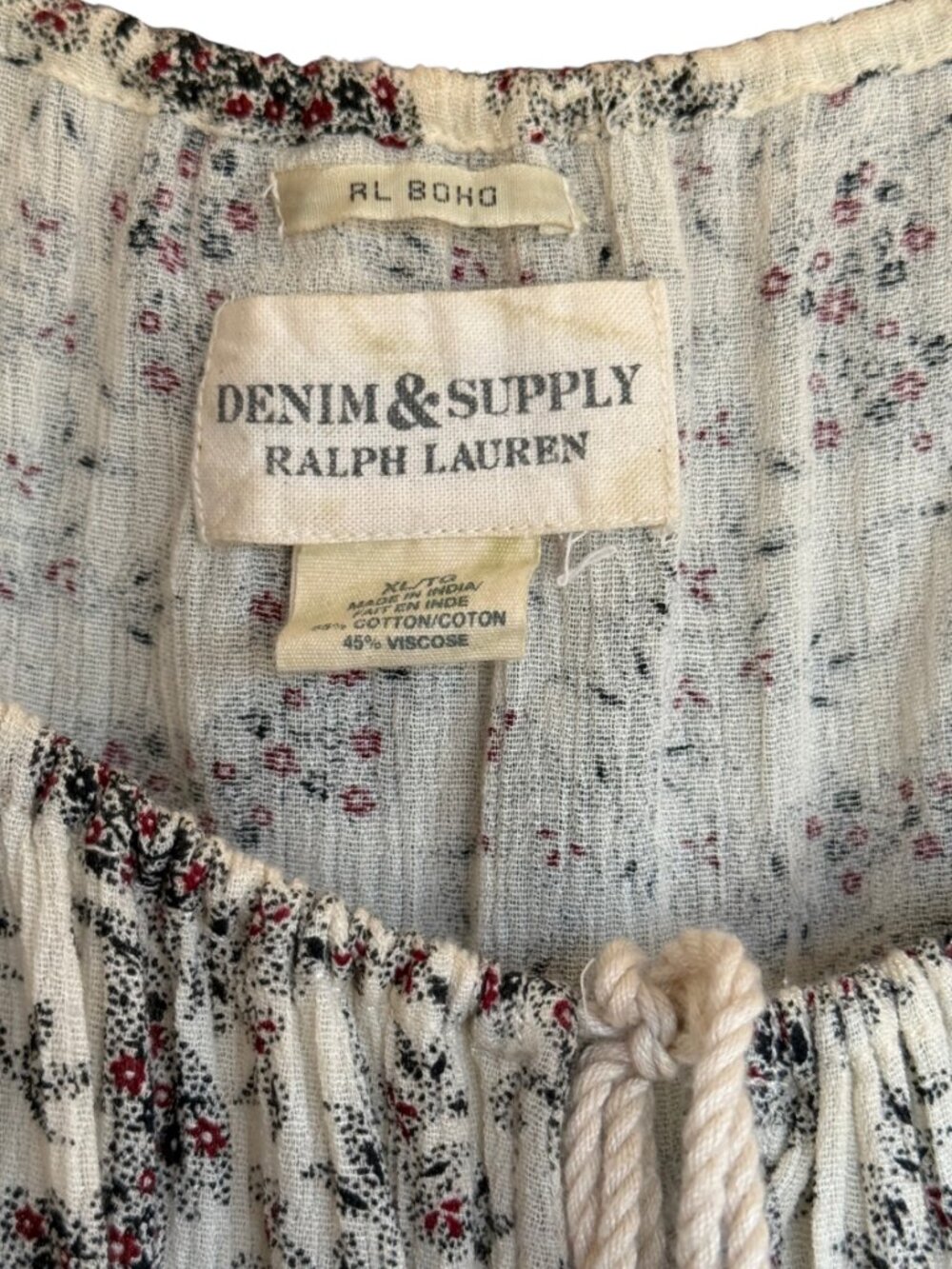 Denim & Supply Ralph Lauren XL Boho Peasant Top Cream Floral Paisley Tie Neck - Picture 6 of 12